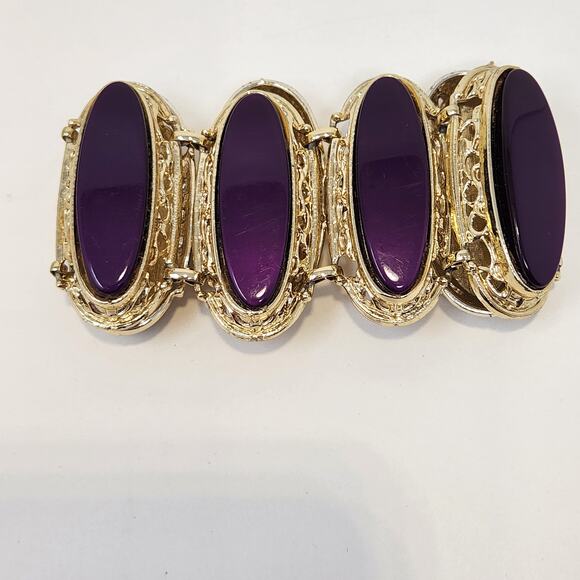 Purple Oval Gold Tone Panel Oversized Cuff Link Bracelet Dramatic Statement - Picture 3 of 6